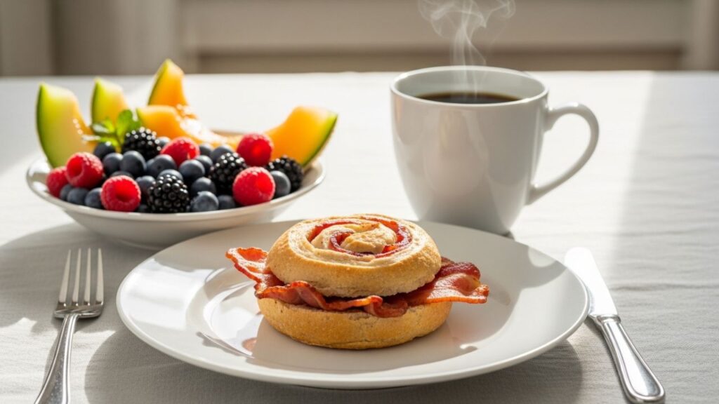 Bacon roll with coffee and fruit