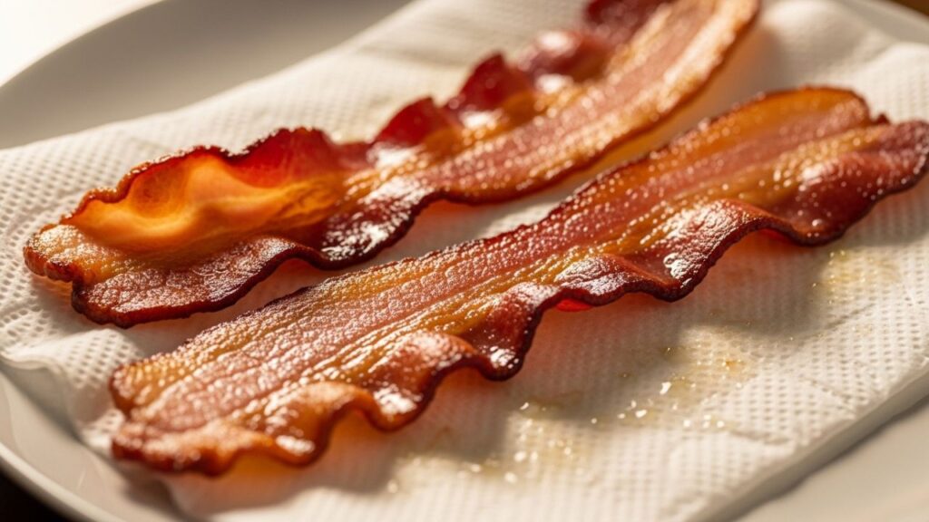 Cooked bacon on paper towel