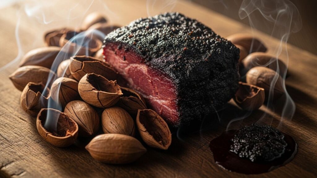 Blackened over-smoked meat showing excessive cooking mistakes.
