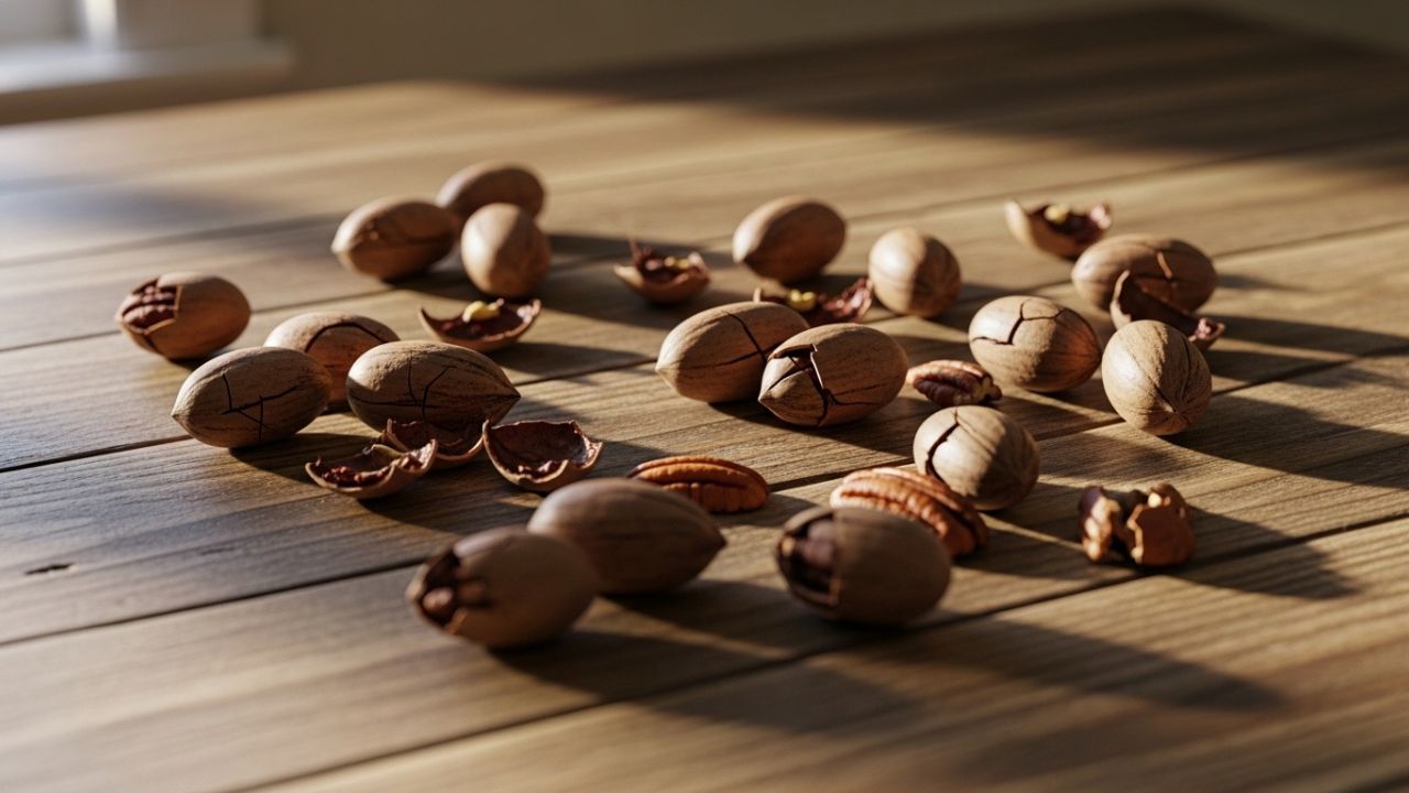 A handful of whole pecans with cracked shells on a wooden surface.