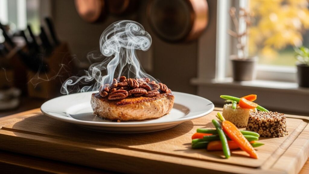 Plated meal enhanced with gentle pecan shell smoke, served on a wooden board with simple sides.
