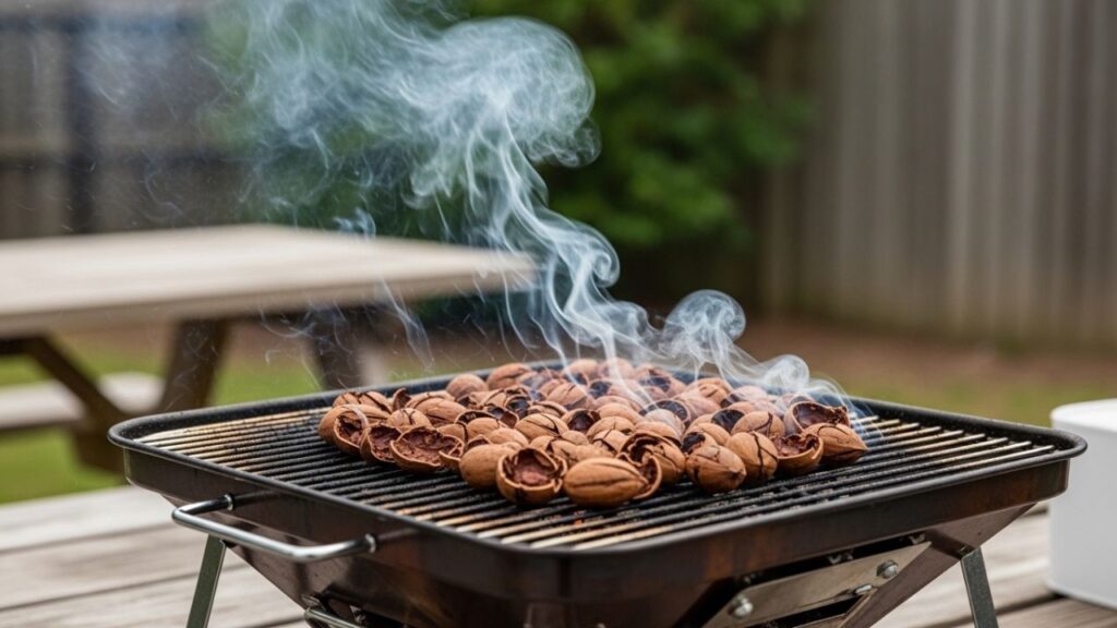 Light smoke curling from pecan shells on a charcoal grill.
