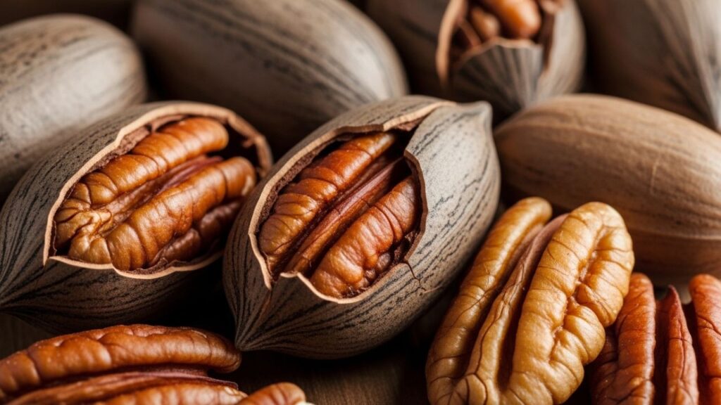 Detailed view of pecan shells and nuts highlighting their fibrous texture.
