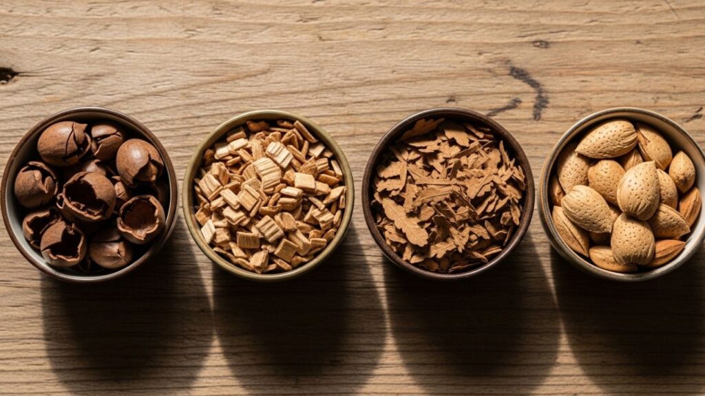 Various wood chips and pecan shells displayed in small bowls.
