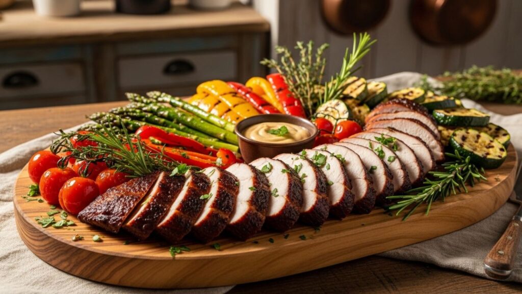Platter of smoked chicken and colorful grilled vegetables.
