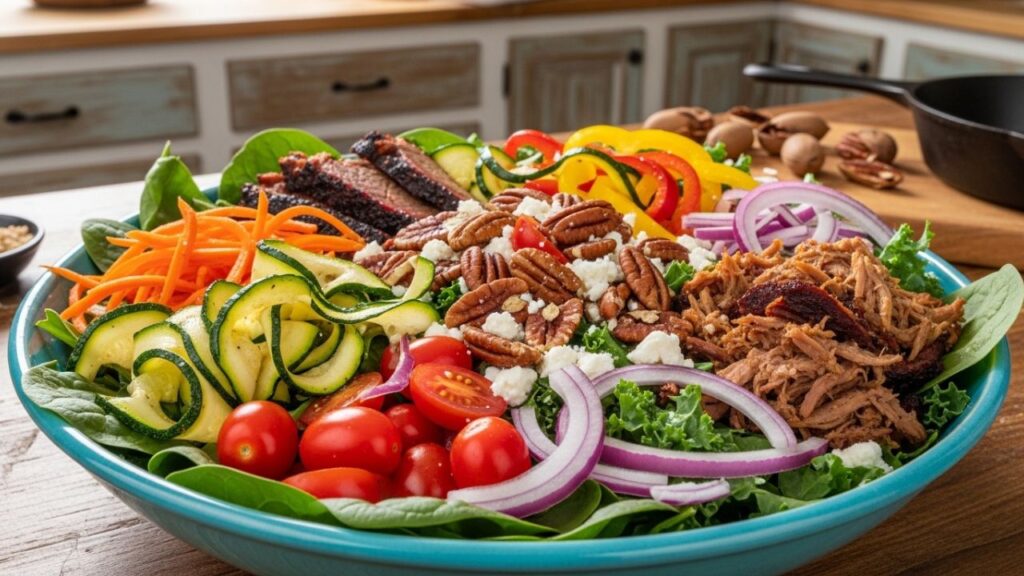 Bowl of salad containing shredded smoked vegetables and meat.

