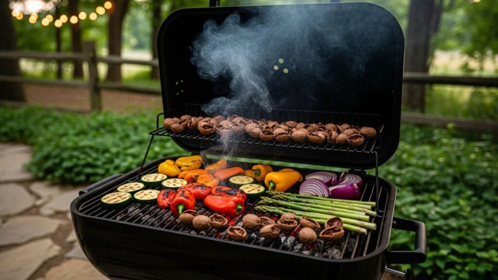 Vegetables grilling with light smoke from pecan shells.
